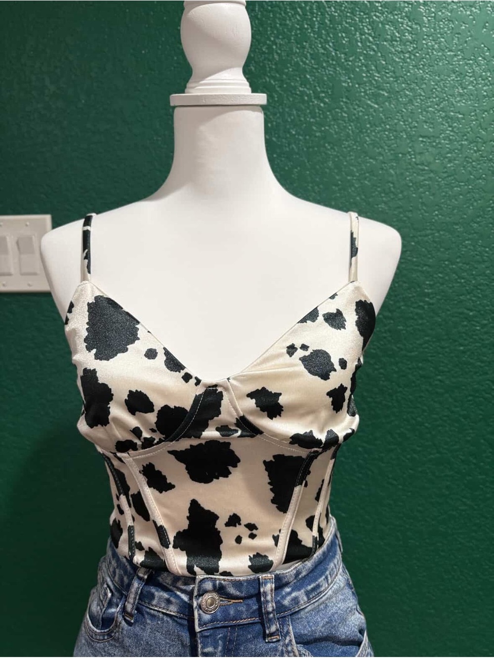 Cow Print Satin Cami Top - Black & Cream